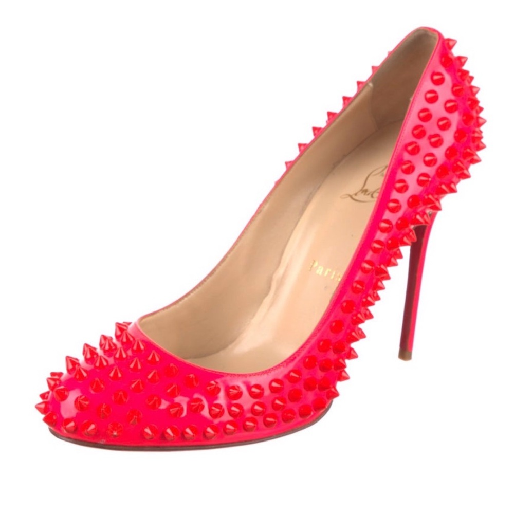 Christian Louboutin Vibrant Red Orange Spiked Heels - Picture 2 of 10